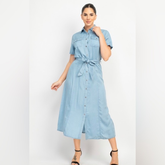 Waist Tie Denim Dress - Picture 2 of 4